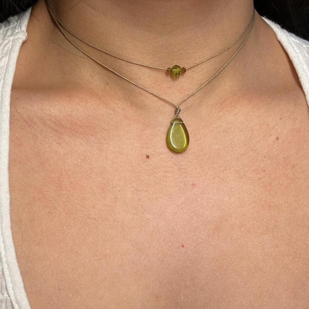 Handmade Olive Czech Glass Layering Necklace Set Boho Crystal Bicone Adjustable